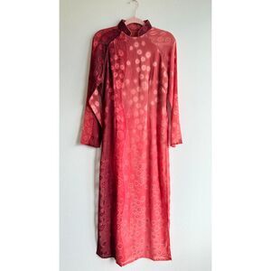 Vintage Vietnamese Handmade Ao Dai Maxi Tunic Top in Red Satin Burnout Floral